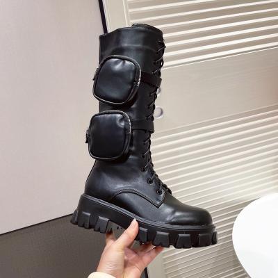 China 113317 New Arrival Winter Women Fashion Knee High Toe Boots Cross Tie Side Zipper Chunky Unique Round Martin Boots Anti-skid Female Shoes for sale