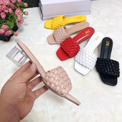 China Fashion Trend Wholesale Price Woven Crystal Lady Mules Square Toe Chunky Female Slides Women Slipper Sandals High Heel Strap for sale