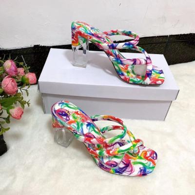 China Fashion Trend Toe Mail Block Clear Heel Outer Wear Women Slips Square Strap Sandals Lady Toe Slipper Peep Marble Flip Flops for sale