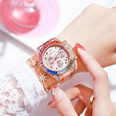 China Hip Hop Brand Lady Wristwatch Colorful Rainbow Famous Stylish Quartz Stainless Steel Waterproof Watch For Woman for sale