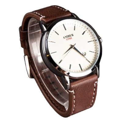 China Custom Vintage Logo Date Minimalist Simple Waterproof Day/Date Leather Men Quartz Watch for sale