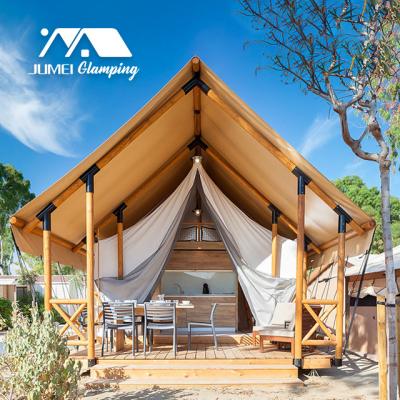 China New Design Waterproof Wooden Tent Outdoor Luxury Glamping Safari Desert Hotel Resort House Tents With Wooden Platform for sale