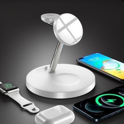 China Smart Wireless Charger 15w Qi Earphone Magnetic Fast Charging Cell Phone Watch Phone Stand 5in1 15W Magnetic Wireless Chargers With Night Light for sale