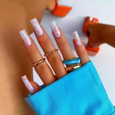 China Exclusive Design Missbloom Colorful Stripes Waterproof Artificial Nails Long Square Press On Nails for sale