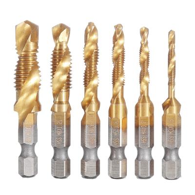 China Threaded Insert Repair 6Pcs M3-M10 Tap Drill Bit Set HSS 1/4 Inch Hex Shank Titanium Coated Tap Drill Bit for sale