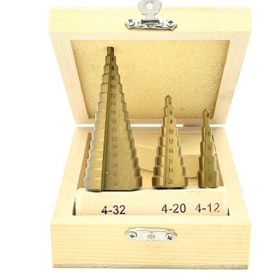 China 1/4 Inch 3pc Fast Working Hex Shank Titanium Coated HSS 4-12/20/32mm Step Taper Drill Bits Hole Cutter for sale