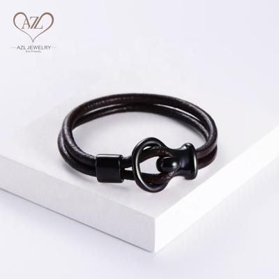 China Environmental friendly Aizhilin Bracciale 2 strings cattlehide black gun plated hook charms bracelets for men for sale