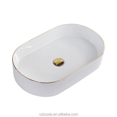 China Factory Supplier Bathroom Modern Sink Countertop Ceramic Basin Basin With High Temperature Fired Gold Line. OEM is serviced. for sale