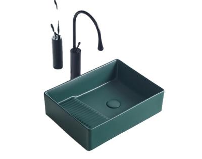 China Modern high temp fired matte greey blue green ceramic square countertop bathroom sink with washboard.the color can be customized for sale