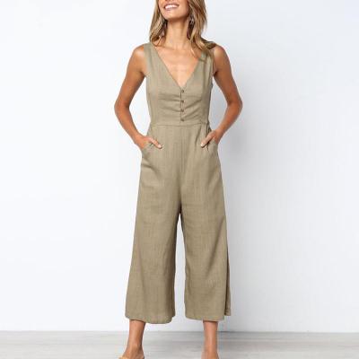 China White Women Overalls Solid V Neck Breathable Casual Canvas Buttons Plus Size Straight Female Overalls 2019 Vacation Cotton Jumpsuits for sale