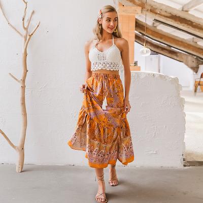 China 2020 Bohemian Anti-Static Floral Print Women Skirts A Line Skirts Elastic Waist Tassel Elastic Waist Skirt Spring Ladies Summer Females Long for sale