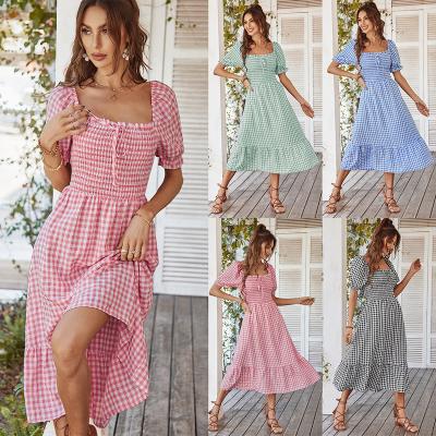 China Breathable Wholesale Ikebel 2022 Summer Vestidos Square Neck Elegant Vintage Pleated Plaid Evening Dresses for sale