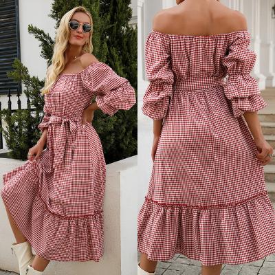 China Wholesale Summer Ikebel Vestidos 2022 Breathable Off The Shoulder Ruffle Plaid Casual Elegant Party Dresses for sale