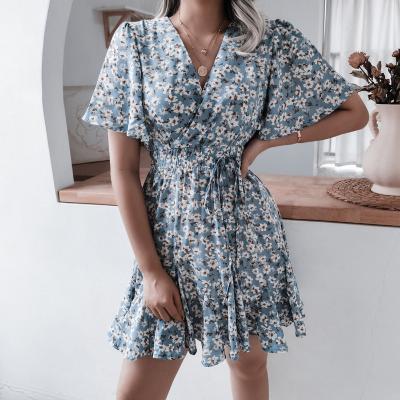 China 2022 Spring Summer Women's New Floral Chiffon V-Neckline Mini Cheap Casual Dresses Manufacturer Sexy Anti-wrinkle Supply for sale