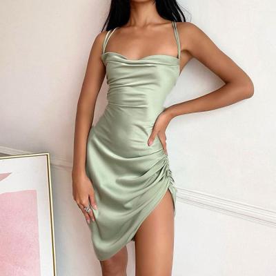 China Breathable Best Price 2021 Summer Women Sleeveless Sling Sexy Condole Belt Chest Back Hollow Out Lace Up Temperament Solid Color Dresses for sale