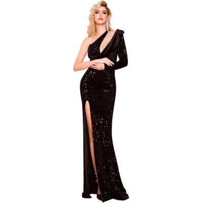 China Foreign trade viable new women's sequins dress diagonal collar high-waist banquet high-slit long dress sexy dress for sale