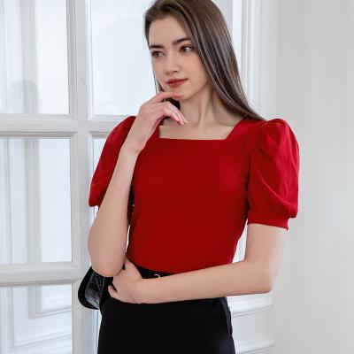 China 2022 Summer Women's Cotton Sheer Bubble Sleeve Anti-wrinkle Square Collar T-shirt Wholesale China New Arrival for sale