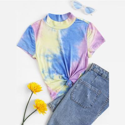 China Breathable Mock-Neck Tie Dye Stitch 2019 Posh Slim Fit Short Sleeve Stand Collar Tops Women Clothing Summer Chic Stretchy T-shirt for sale