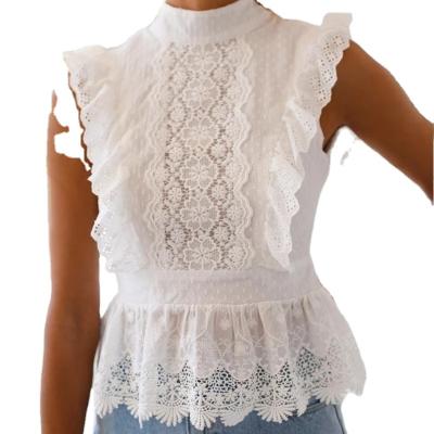 China Breathable Women White Lace Blouses 2020 Summer Cotton Shirts Hollow Out Shirt Floral Chic Petal Embroidery Sleeveless Tops for sale