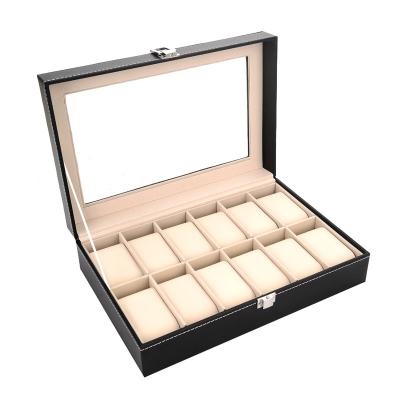 China Leather+velvet Watch Box 12 Slots With Glass Top Display Flexible Watch Pillows For Man Women Watches Storage for sale