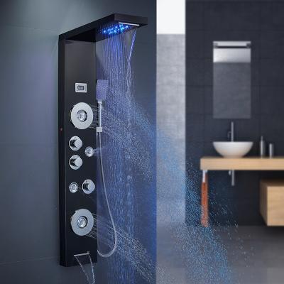 China Without Sliding Bar ROVATE 304 Stainless Steel Shower Panel With LED Light Massage Column Bathroom Hotel Shower Panel Tower System Modern Design for sale