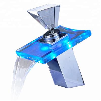 China LED Light ROVATE Bathroom Basin Faucet Spout Cold Hot Water Mixer Tap Waterfall Mixer Waterfall Glass 3 Colors Single Handle for sale