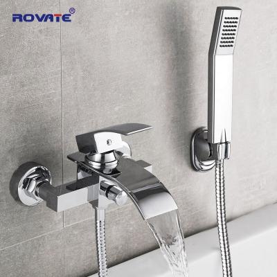 China Without Sliding Bar ROVATE Bathtub Shower Set Wall Mounted Waterfall Bath Faucet, Cold And Hot Mixer Brass Bathroom Faucets Chrome for sale