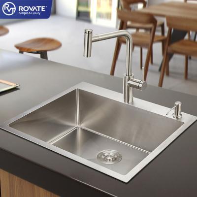 China Faucet ROVATE 25*22 Thumbless Modern Stainless Steel Brushed Single Bowl Kitchen Sink Under Counter Counter Bar Steel Commercial Steel Sink Handmade for sale