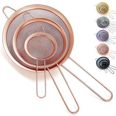 China Rose Gold Viable 3 Pcs Cable Extra Good Mesh Strainer With Handle Size Small Medium Large Metal Strainer Set for sale