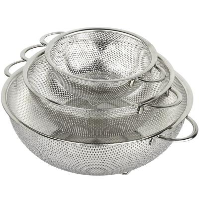 China Stainless Steel 3-Piece Mesh Micro-Perforated Strainer Colander Fruit and Vegetable Viable Drain Basket for sale