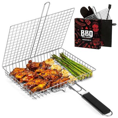 China Easily Cleaned Grill Basket Set Large Stainless Steel Folding Grilling Baskets With Handle Portable Outdoor Camping BBQ Rack for sale