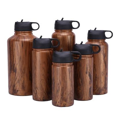 China Custom Stainless Steel Flask Wall Water Bottle Double Wall Vacuum Insulated Tumbler Wooden Design for sale