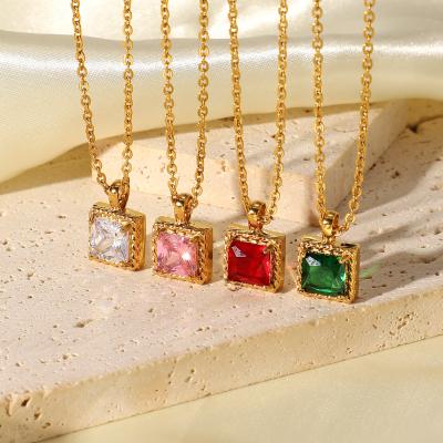 China Luxury Vintage Necklace Vershal B374 18k Gold Plated Stainless Steel Shiny Colorful Square CZ Pendant Necklace for sale