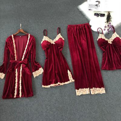 China Women Breathable Long Pants Sheath Sexy Velvet Velvet Pajamas Sleepwear Nightgown 4 Piece Long Robe Set for sale