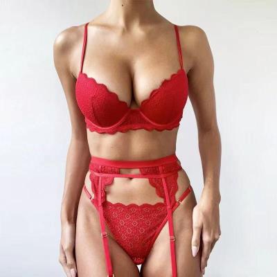 China 2022 Lace Edge Women See Through Sexy Lingerie With Garter Belts Lace Up Bra Set for sale