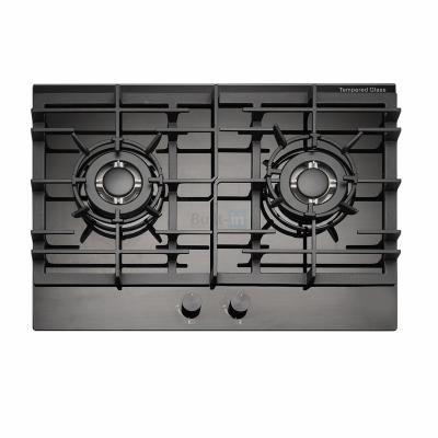 China Hotel 70cm Built-in Gas Hob Stove Gas Cooktop Kitchen Gas Stove Double Head Ignition Cast Iron Pan Black Glass Electronic Socket for sale