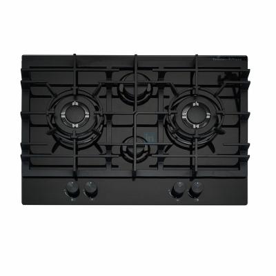 China Hotel 70cm Element Gas Hob Stove Gas Cooktop Kitchen Gas Stove Four Head Ignition Cast Iron Pan Black Glass Electronic Socket for sale