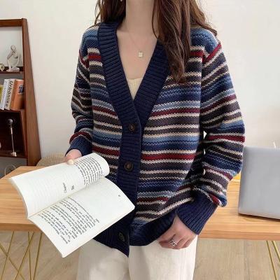 China 2022 New Retro V-Neck Knitted QUICK DRY Cardigan Women's Colorful Striped Sweater for sale