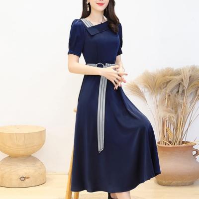 China Plus Size Summer Slash Neck Solid Color Retro Women Dress Short Sleeve Women Casual Dress A Line Plus Size Vestidos for sale