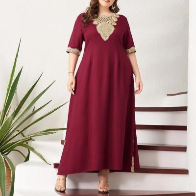 China New Summer Anti-Static Maxi Dress Women Half Sleeve Split Edge Solid Wine Red Plus Size Long Vintage Lace Patchwork Party Prom Dresses for sale