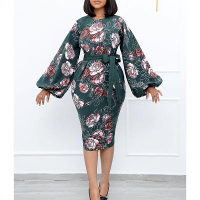 China New Arrival Anti-Static Women Elegant Floral Print Puff Sleeve Midi Dresses Plus Size Office Ladies Bodycon Club Dress for sale