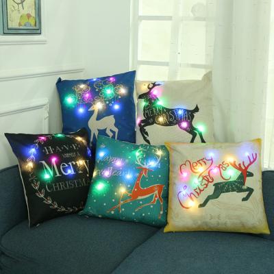 China Hot Sale Hotel Printed Led Light Christmas Pillow Case Santa Claus Car Sofa Cushion Cover For Home Decoration for sale