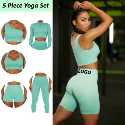 China QUICK DRY 2022 HOT Women Yoga Outfits 5 Piece Workout Athletic One Shoulder Sports Bra Shorts Set workout outfits Gym Fitness 5 pieces Set for sale