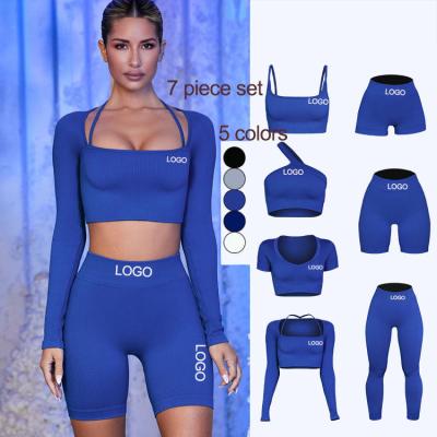 China QUICK DRY 2022 New Women Running Sports Bra Tops Fitness Gym Pants Ribbed Underwear Long Sleeve Shorts Leggings Clothing 7 Piece Yoga Suit for sale