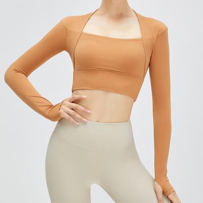 China QUICK DRY Autumn Winter Shawl Fake Two Gym Tops Long Sleeve Chest Padded Stand Collar Nude Sport Top U-shaped Shock Absorption Yoga Wear for sale