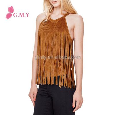 China OEM Factory Price Apparel Brown Faux Suede Anti-pilling Fringed Tassel Summer Tank Top for sale