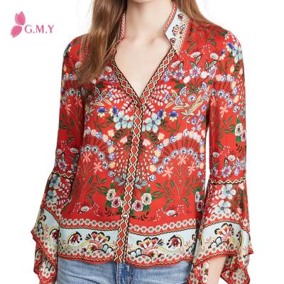 China 2020 New Arrival Summer Casual Floral Print Women Breathable Long Sleeve Button Placket Top Blouse for sale