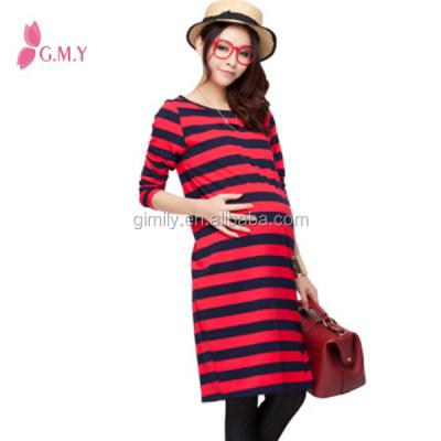 China Anti-allergy Red And Black Striped Knitted Maternity Dresses, Long Sleeve Cotton T-shirt Dress For Pregnant for sale