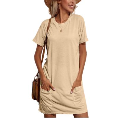 China OEM/ODM Summer Vocation Vestir 2022 Sleeve Dress O-Neck T-shirt Short Pocket Dress Anti-Static Midi Casual Women Dress for sale