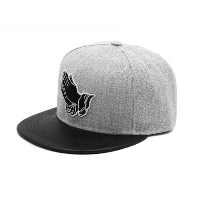 China Custom Logo COMMON 6-Panel Gray Wool Winter Leather Snapback Hat for sale